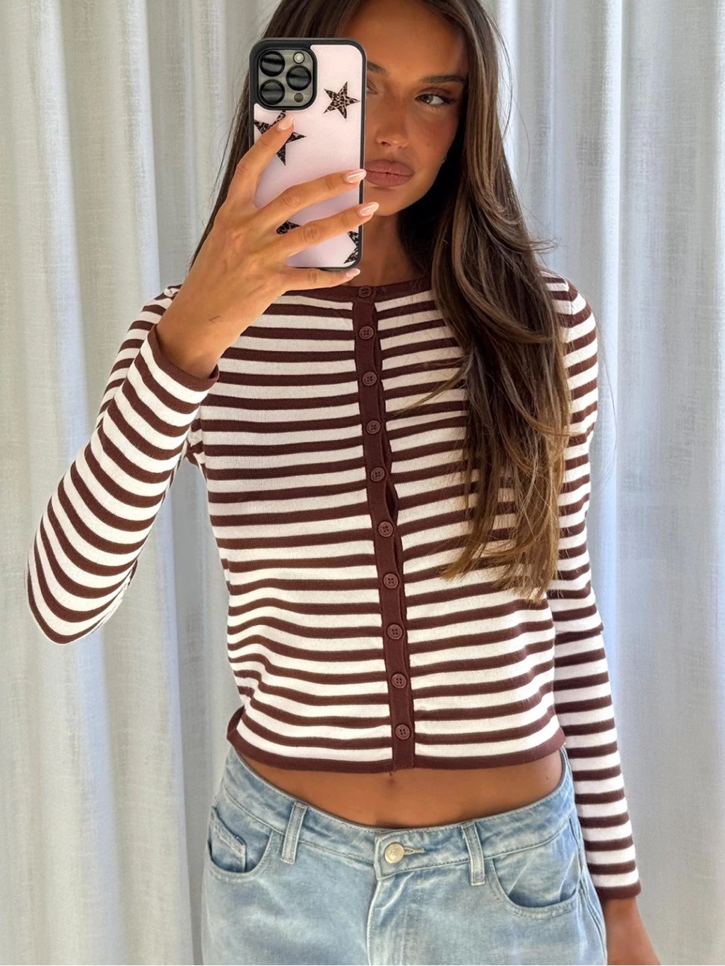 Nwot Elcie Button Up Cardigan Brown Stripe